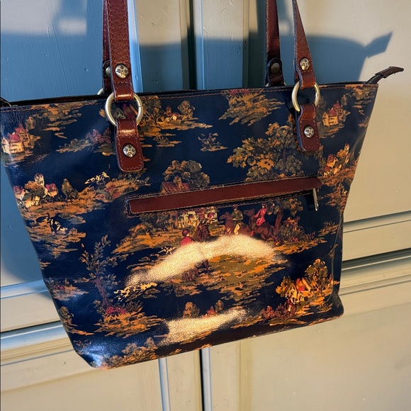 Patricia Nash Women's Navy Scenic Print Tote Bag with Brown Straps - Picture 3 of 6